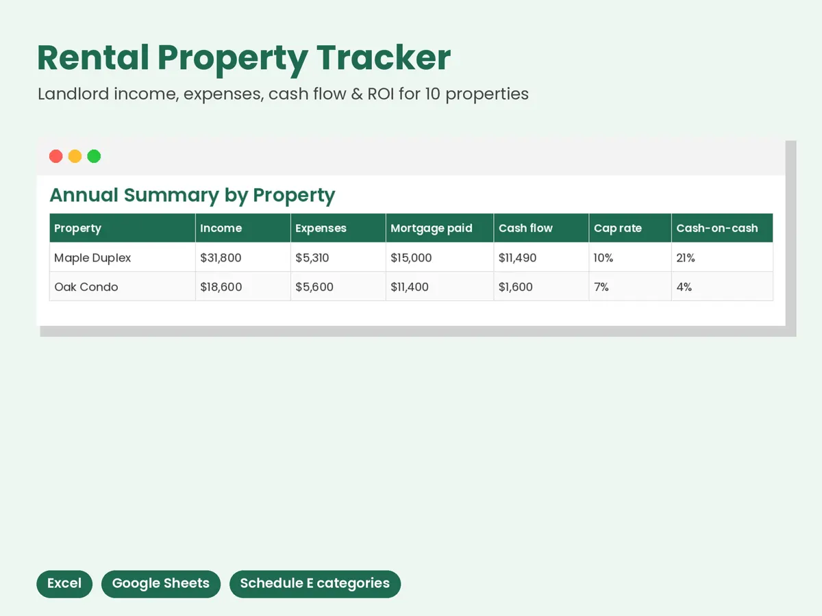 Rental Property Landlord Tracker Spreadsheet: cover sheet preview