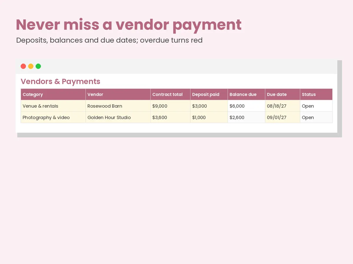 Wedding Budget Planner Spreadsheet: vendors sheet preview